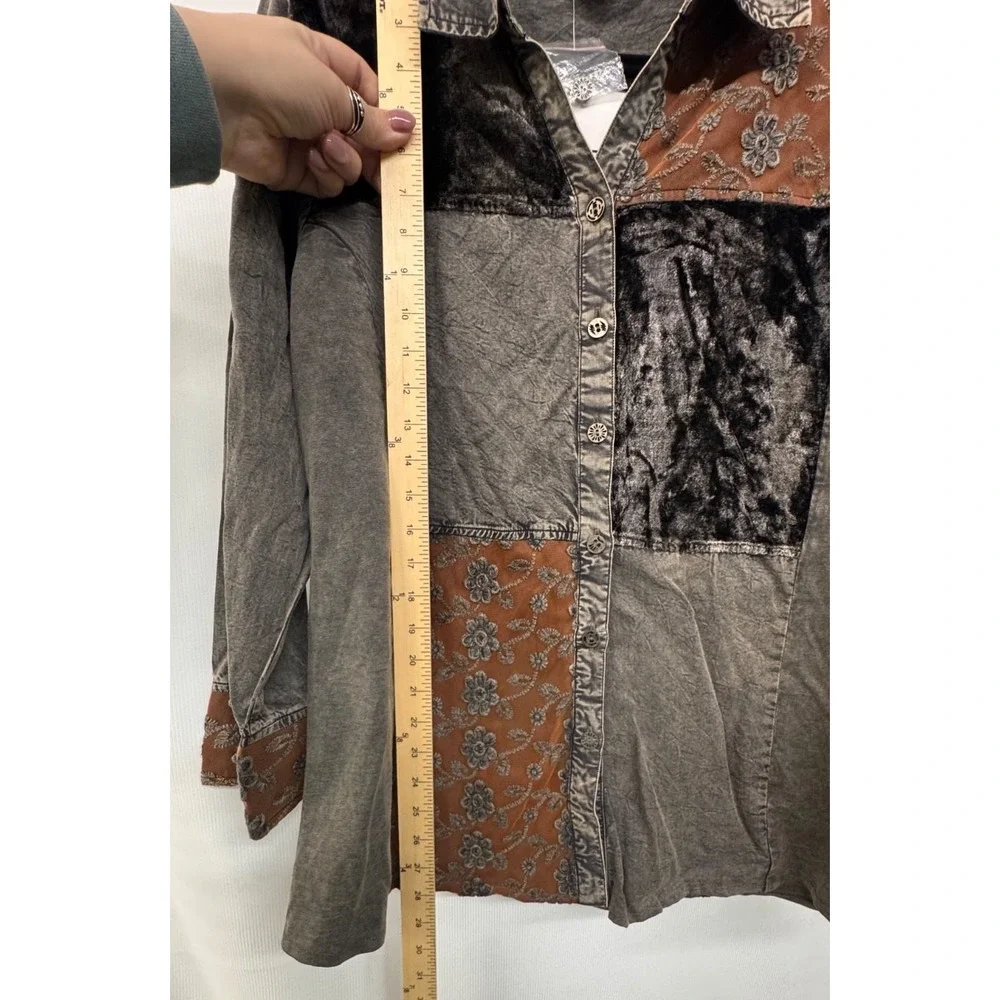 Women’s Boho Patchwork Button Front Shirt XL Velvet Artsy Parsley‎ & Sage - Picture 8 of 10